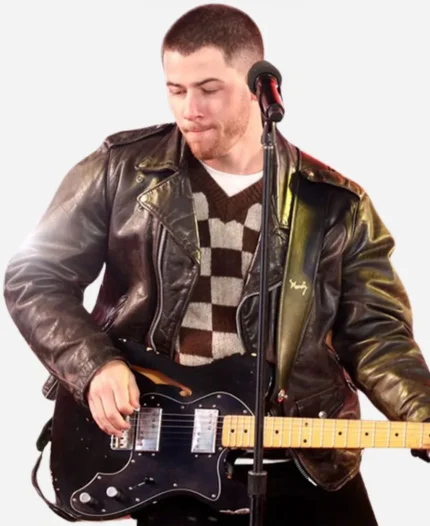 Nick Jonas Times Square New Year Eve Performance 2025 Black Leather Jacket