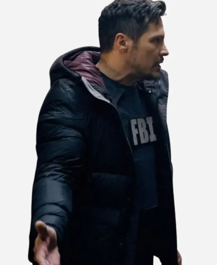 Nick Wechsler Movie The Hunting Party 2025 Oliver Odell Black Puffer Jacket