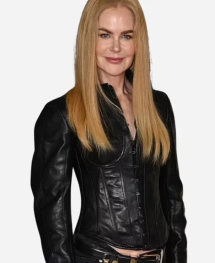 Nicole Kidman Edgy Black Leather Corset Jacket For Women's