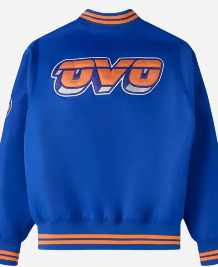 OVO New York Knicks Blue Satin Letterman Varsity Jacket