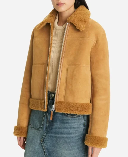Olivia Ponton Brown Shearling Cuff And Collar Suede Jacket