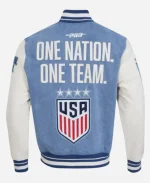 One Team One Nation US Soccer 2025 Blue and White Denim Varsity Jacket