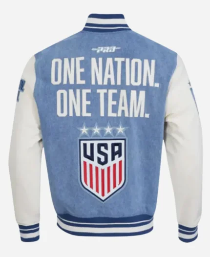 One Team One Nation US Soccer 2025 Blue and White Denim Varsity Jacket