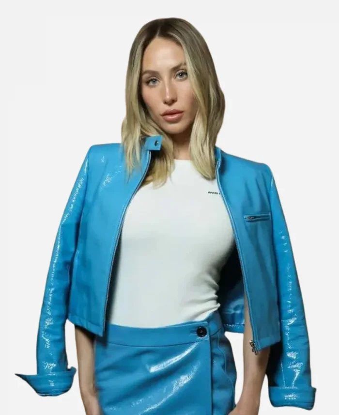 PFW 2025 Alix Earle Blue Leather Jacket