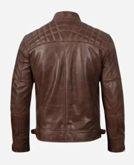 Quilted Shoulder Coffee Brown Biker Leather Jacket For Men's