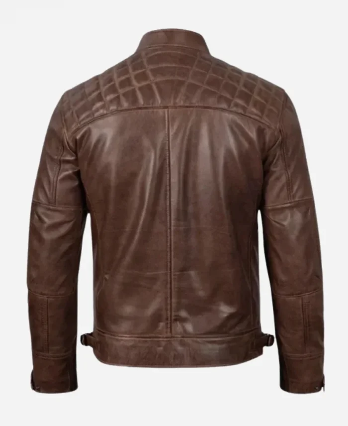 Quilted Shoulder Coffee Brown Biker Leather Jacket For Men's