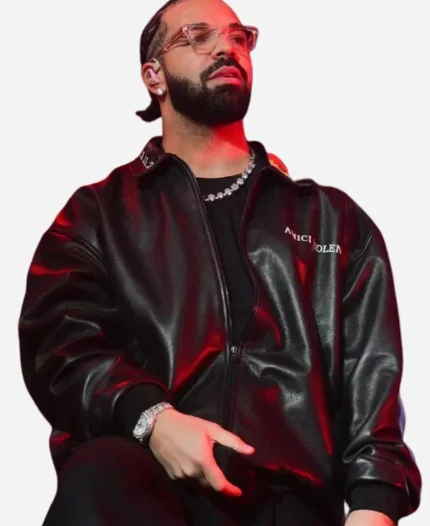 Rapper Drake Amici Violente Black Leather Bomber Jacket