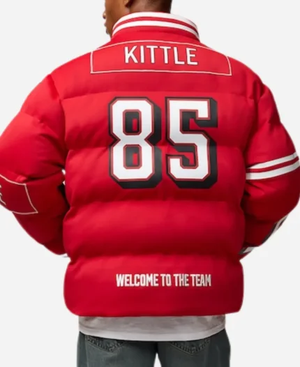 San Francisco 49ers NFL Player 2025 George Kittle Scarlet Red Puffer Jacket