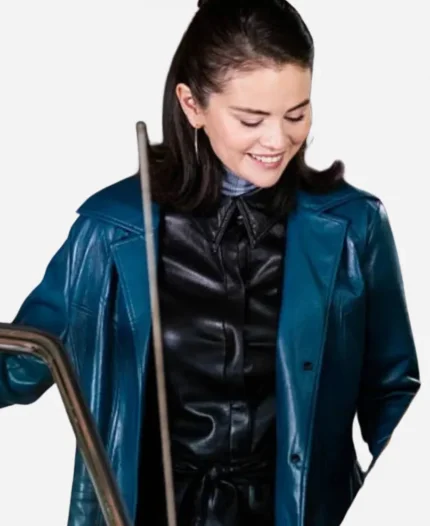 Selena Gomez NYC 2025 Blue Leather Coat