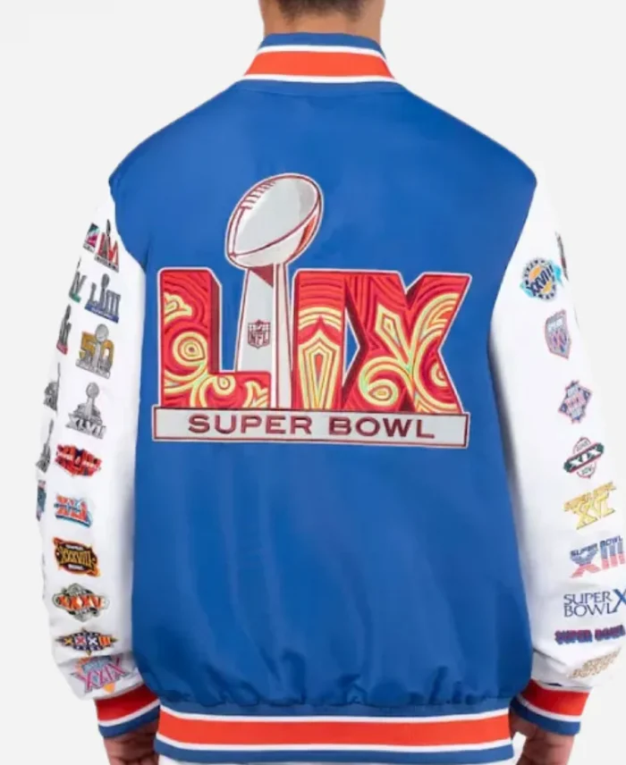  Starter Super Bowl LIX 2025 Commemorative Blue Varsity Bomber Jacket