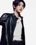 Sunghoon Black Biker Leather Jacket For Sale