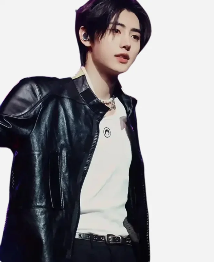 Sunghoon Black Biker Leather Jacket For Sale