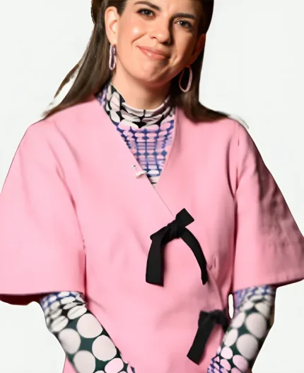 Taskmaster AU S03 Emma Holland Black Bows Pink Wrap Dress