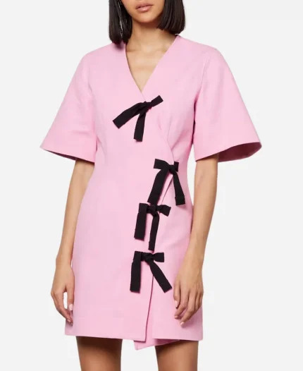 Taskmaster AU Season 03 Emma Holland Pink Wrap Dress With Black Bows