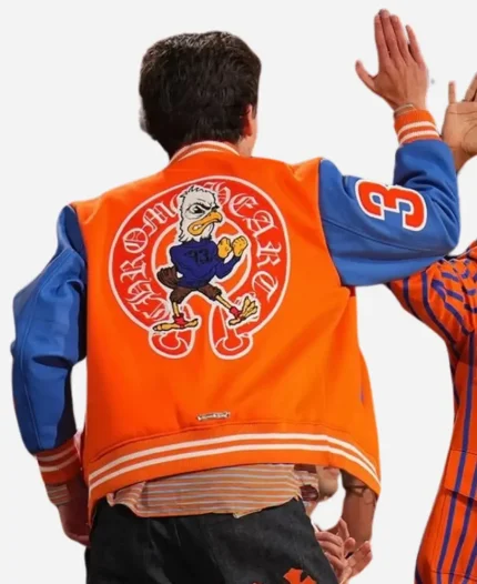 Timothée Chalamet Knicks NBA Playoffs Game Chrome Heart Orange Varsity Jacket