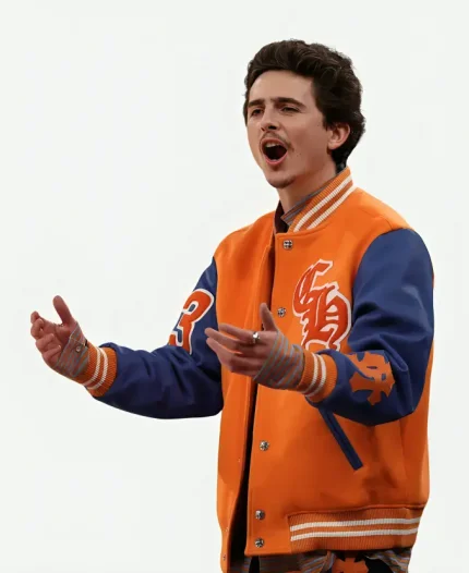 Timothée Chalamet Knicks NBA Playoffs Game Orange Varsity Jacket