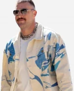 Travis Kelce White And Blue Splatter Denim Jacket For Sale