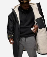 Woolly Bear Black Hooded Shearling Jacket Coat For Sale