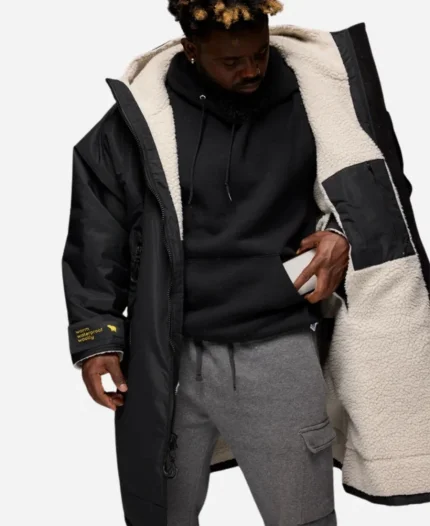 Woolly Bear Black Hooded Shearling Jacket Coat For Sale