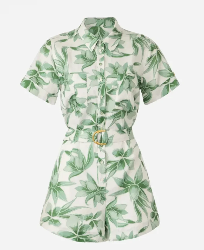 Access Daily 2025 Adrianna Costa Green & White Leaf Print Belted Romper For Sale
