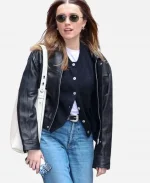 Aimee Lou Wood Street Style 2025 Black Leather Jacket