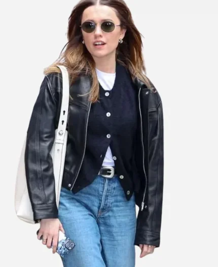 Aimee Lou Wood Street Style 2025 Black Leather Jacket