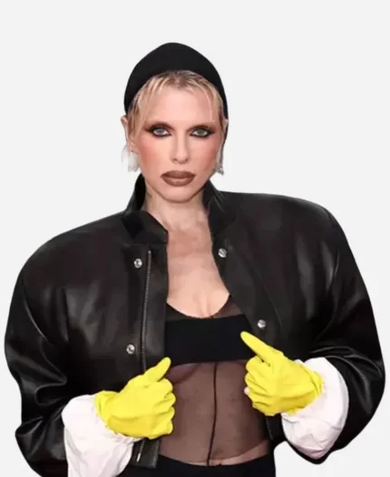 American Actress Julia Fox Grammys Red Carpet 2025 Black Leather Jacket
