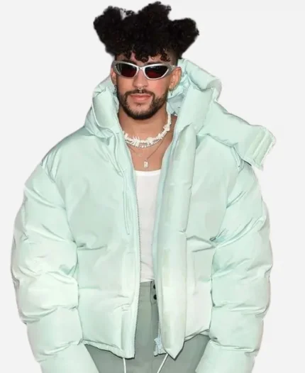 Bad Bunny Rapper American Music Awards Mint Color Puffer Hooded Jacket
