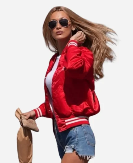 Bella Hadid Street Style 2025 Red Varsity Bomber Jacket