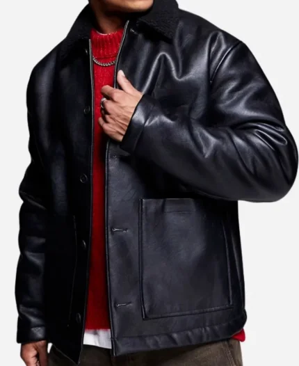 Borg Lined Oversized Black Leather Jacket