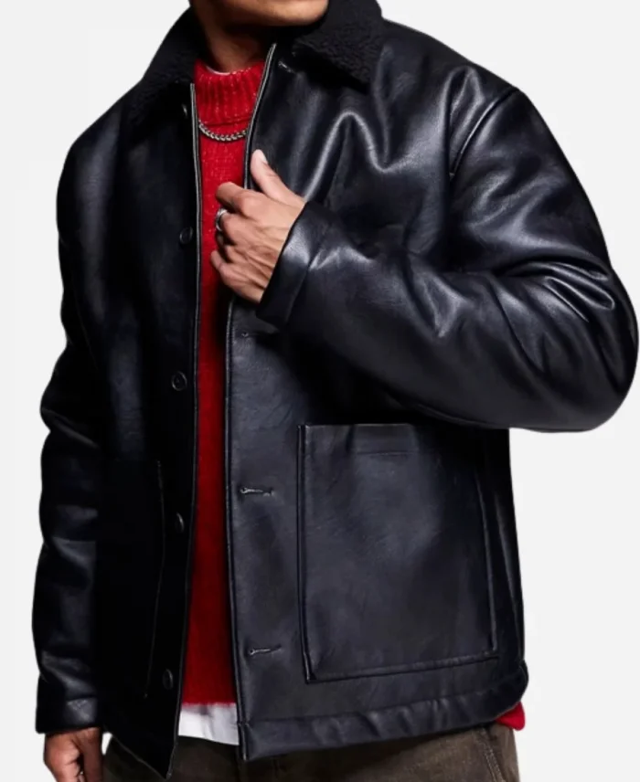Borg Lined Oversized Black Leather Jacket