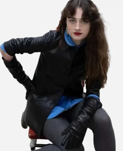 British Actress Raffey Cassidy 2025 Black Long Leather Jacket