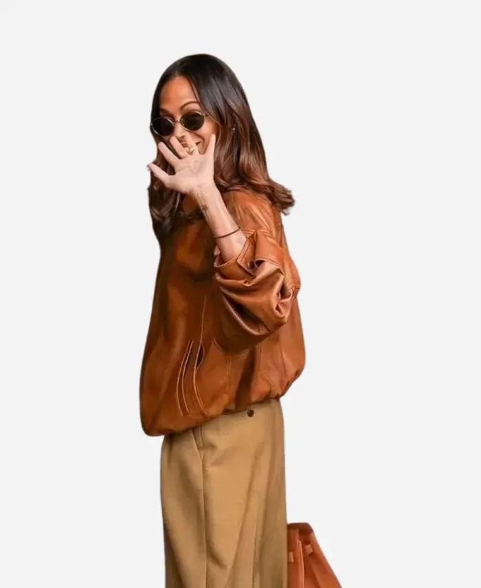 Brown Leather Jacket Zoe Saldaña 2025