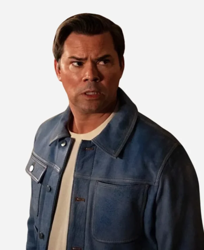 Cole Movie I Don’t Understand You 2025 Andrew Rannells Blue Leather Jacket
