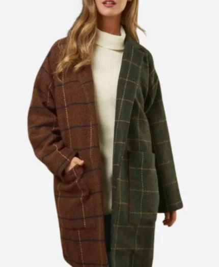 Down Home Fab Season 3 Chelsea DeBoer Two Tone Plaid Longline Brown Olive Coat