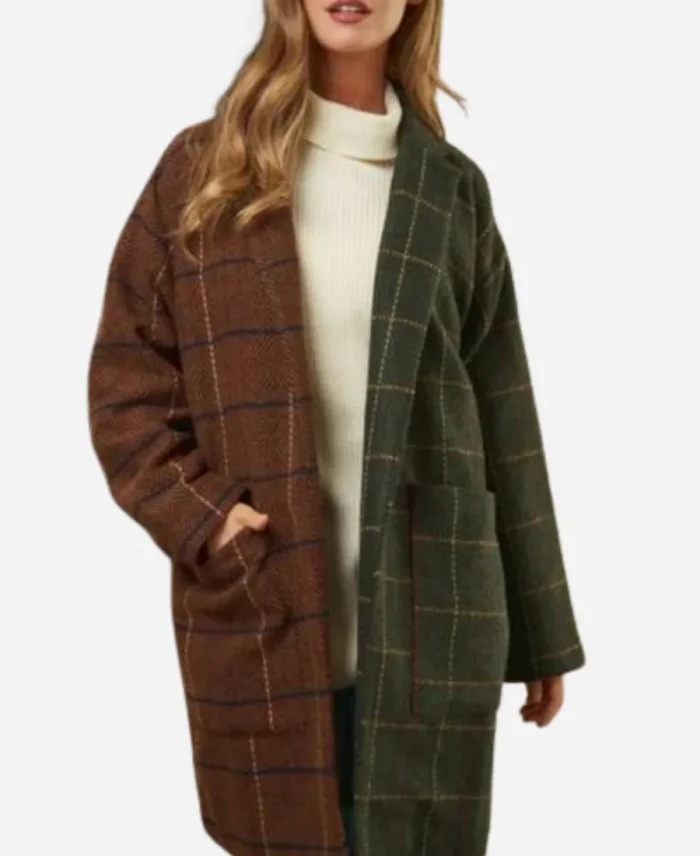 Down Home Fab Season 3 Chelsea DeBoer Two Tone Plaid Longline Brown Olive Coat