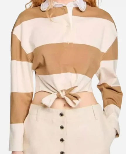 E! News 2025 Keltie Knight Striped Tie Front Polo Neck T-Shirt