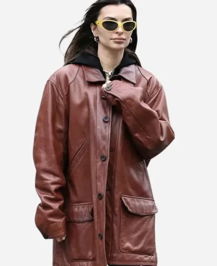 Emily Ratajkowski 2025 Burgundy Leather Jacket