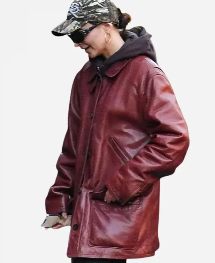 Emily Ratajkowski 2025 Leather Burgundy Jacket