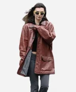 Emily Ratajkowski New York City 2025 Burgundy Leather Jacket