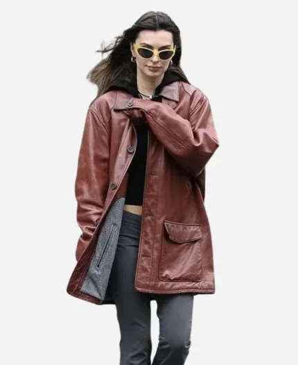 Emily Ratajkowski New York City 2025 Burgundy Leather Jacket