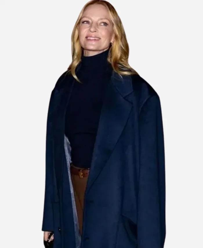 Fashion Week 2025 Uma Thurman Blue Wool Coat For Women