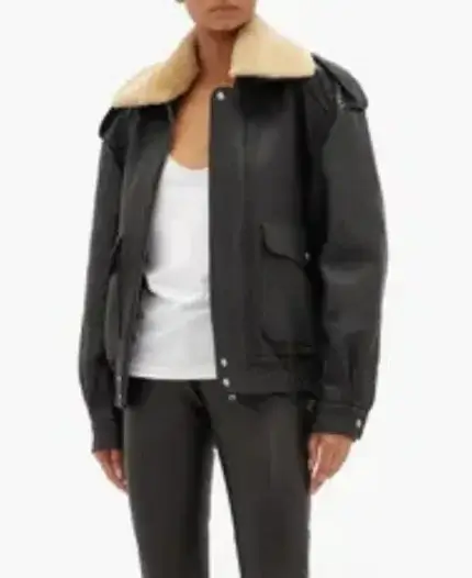 Fountain of Youth Eiza González Black Shearling Leather Jacket