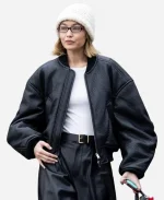 Gigi Hadid Paris Fashion Week Black Leather Jacket