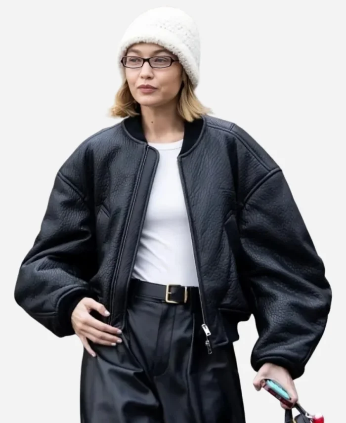 Gigi Hadid Paris Fashion Week Black Leather Jacket