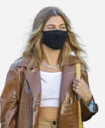 Hailey Bieber Brown Leather Coat