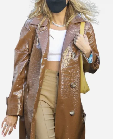 Hailey Bieber Leather Brown Coat