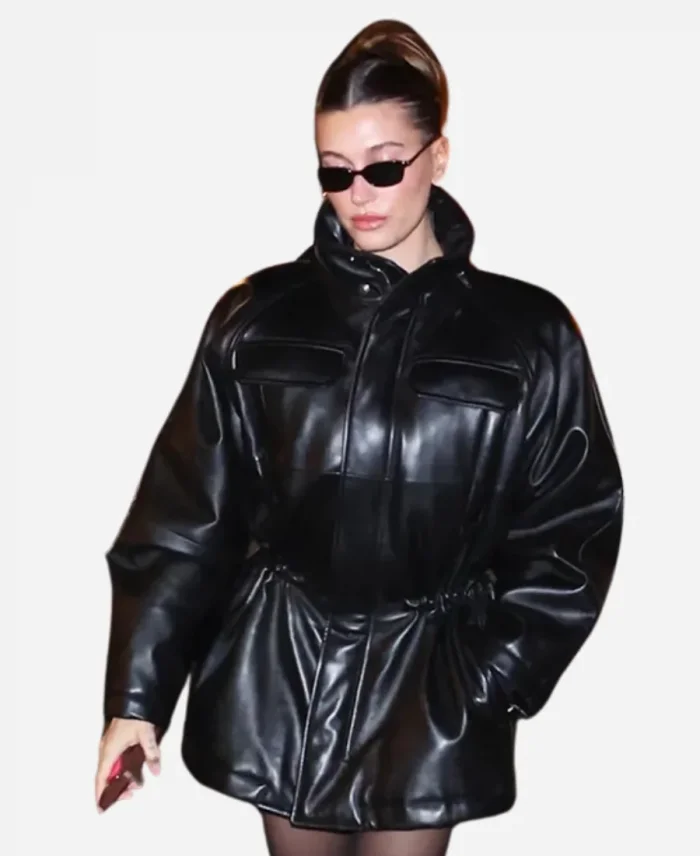 Hailey Bieber NYC 2025 Black Leather Jacket