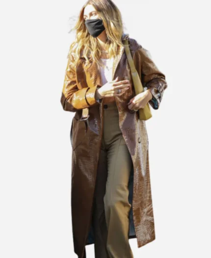 Hailey Bieber Trench Brown Leather Coat For Women’s