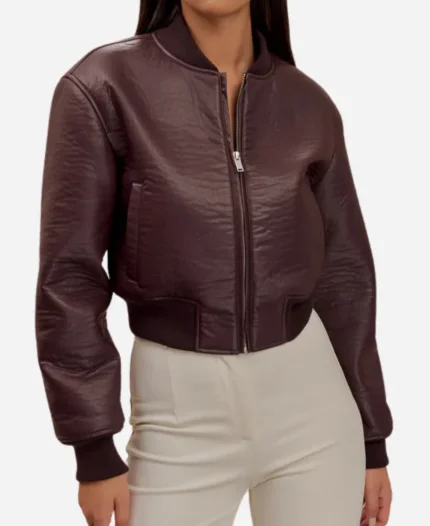 Heather Rae El Moussa The Flip Off 2025 Burgundy Leather Bomber Jacket